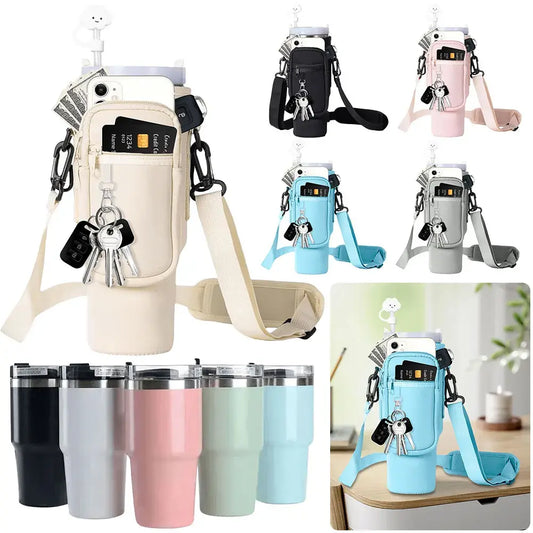 Portable Water Bottle Carrier Bag Multi Pockets Water Bottle Bag for Stanley 40oz Tumbler Neoprene Water Bottle Holder Pouch