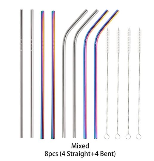 Stainless Steel Straws (4 or 8 pack), Straight/Bent Drinking Straw With Cleaning Brush, Reusable Straw for Stanley Cups